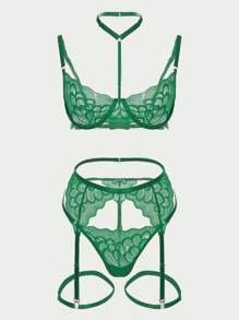 Women Sexy Lingerie Set Push Up Lace Garter Belt Bra And Panty Set With Choker For Going Out - Green - View 3