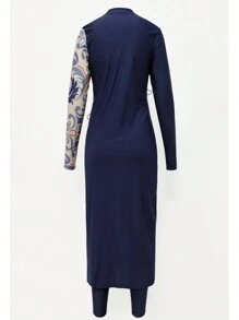 Women's 3-Piece Printed Splicing Modest Burkini Set, Including Top, Bottoms And Covering, Suitable For Swimming Pool, Beach, Surfing And Sun Protection