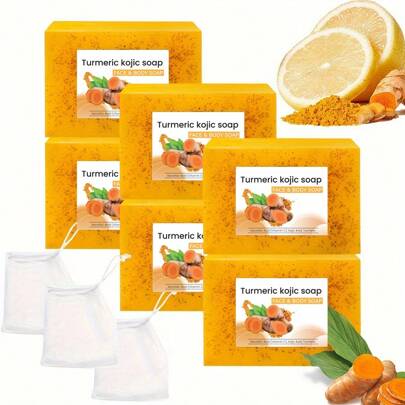 6 علب صابون الكركم والأحماض الكوجيك والليمون مع فيتامين E و A والريتينول - كريم مرطب غير مقتصر على نوع جنسي للشعر الجاف ، تنظيف وترطيب عميق، تنعيم البشرة ورفع مرونتها، مناسب لجميع أنواع البشرة، هدية عيد الميلاد المثالية