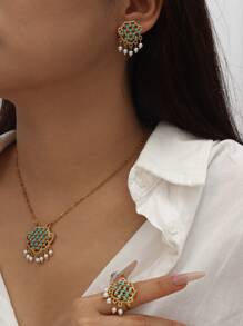 1set Copper Alloy Plated Pearl Tassel Blue Stone Inlaid Earrings, Ring, Necklace Jewelry Set, Suitable For Women Daily Wear