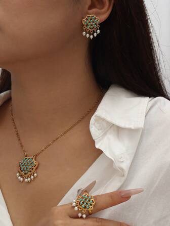 1 set de pendientes, anillo y collar de joyería con aleación de cobre enchapada, borla de perla e incrustaciones de piedras azules, adecuado para uso diario de mujer