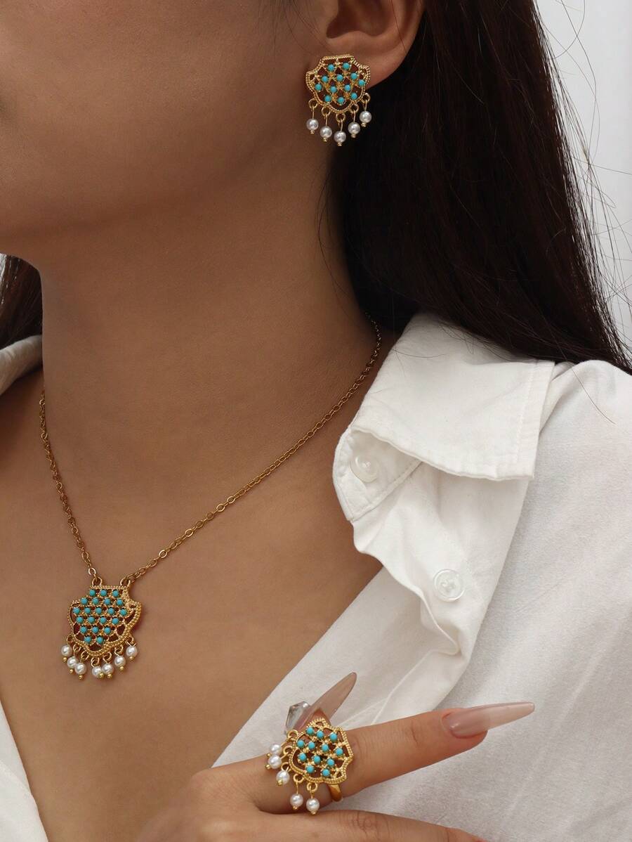 1set Copper Alloy Plated Pearl Tassel Blue Stone Inlaid Earrings, Ring, Necklace Jewelry Set, Suitable For Women Daily Wear