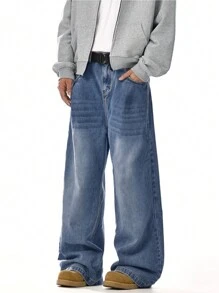 1 件超大宽松复古休闲牛仔裤，阔腿男士街头潮流裤