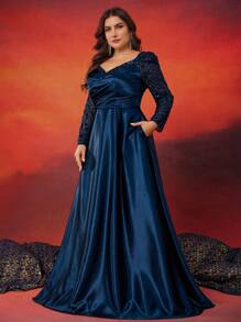 XUIBOL Elegant Plus Size Women Sequin Satin Splicing Figure-Hugging V-Neck Long Sleeve Dress With Folds And Pockets, Graceful Formal Gown For Banquet, Mother Of The Bride Dress, Party Dress, Wedding Guest Dress, Evening Dress - 藏蓝色 - 查看 2