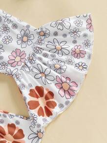 Conjuntos de 3 piezas de pantalones para niñas de 0 a 18 meses, mameluco con mangas voladoras y cuello redondo, pantalones acampanados florales, conjuntos con diadema - Caqui - Ver 5