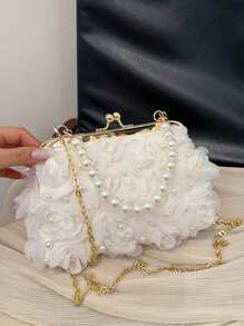1件白色浪漫婚礼季2025春夏仿珍珠网纱花朵夹仿珍珠手提包女士高端奢华晚宴包，新娘包，婚礼派对，宴会，优雅仿珍珠包，精致花卉包，女士舞会包，蕾丝 - 白色 - 查看 3