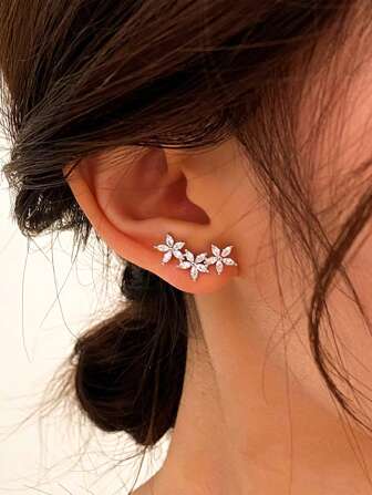 1 Pair S925 Sterling Silver Luxury Fully Paved Cubic Zirconia 3 Flower Stud Earrings, Cute & Sweet Niche Floral Earrings, New Ear Piercing Care Small Flower Elegant Versatile Earrings Gift