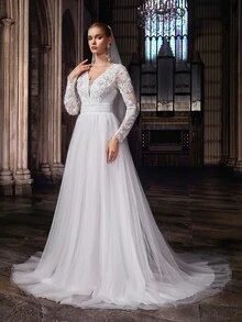 QOQ 夢幻仙女風蕾絲網紗V領婚紗，浪漫新娘禮服 - 白色 - 查看 6