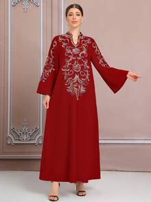Retro Style Red 3D Embroidered Robe, Elegant Special Occasion Caftan, Dubai Cord Embroidered Plus Size Kaftan Abaya, In-Stock BC4624 (Customized) - Red - View 6