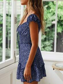 2026 Hot Bohemian StyleSummer Women's Smocked Ruffle Floral Tie - Front Short Dress - 藏蓝色 - 查看 3