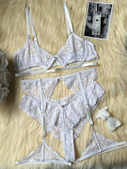 Ensemble de lingerie sexy en dentelle pour femme, soutien-gorge à fleurs brodées et ensemble de porte-jarretelles