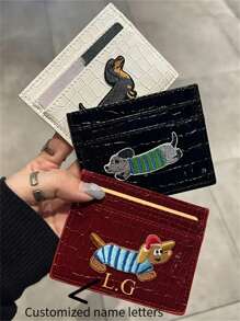 [Customized]Personalized Personalized Vintage Crocodile-Embossed Dachshund Faux Leather Card Holder - Portable Travel ID & Bank Card Wallet, Bus Card Clip, Storage, Card Bag - Multicolor - View 1