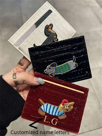 [Customized]Personalized Personalized Vintage Crocodile-Embossed Dachshund Faux Leather Card Holder - Portable Travel ID & Bank Card Wallet, Bus Card Clip, Storage, Card Bag