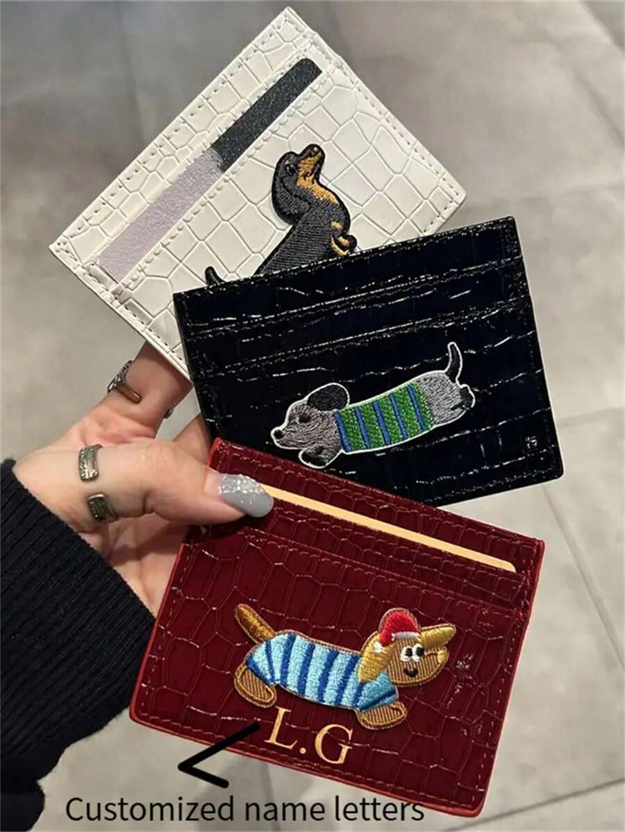 [Customized]Personalized Personalized Vintage Crocodile-Embossed Dachshund Faux Leather Card Holder - Portable Travel ID & Bank Card Wallet, Bus Card Clip, Storage, Card Bag - Multicolor - View 1
