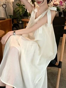 无袖系腰休闲夏季沙滩连衣裙，修身优雅 - 杏色 - 查看 3