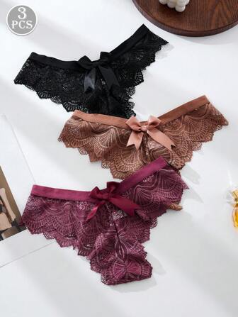 Set de 3 tangas de encaje con moño sexy para señoras