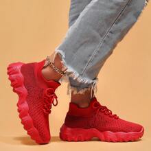 Women's Simple Plain Lace-Up Low Top Sock Sneakers, Summer 2024 Casual Comfortable Breathable Lightweight Sports Running Shoes - 酒紅色 - 查看 6