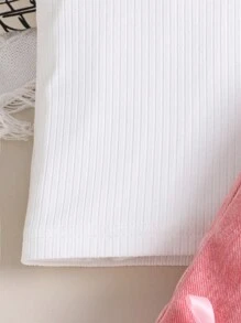 女孩夏季休闲翻领无袖上衣和粉色牛仔蝴蝶结短裤套装 - 白色 - 查看 7