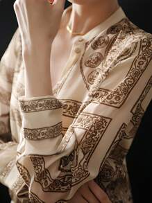 YUXIN Women's Loose Chiffon Printed Shirt, Filled With Retro Charm, Suitable For All Seasons, Showcasing High-End Quality, Suitable For Both Work And Leisure - Coffee Brown - View 8