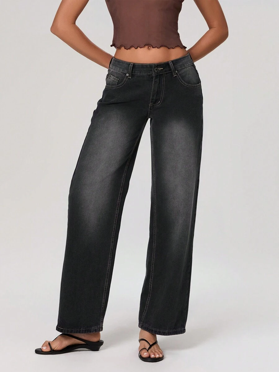 Y2k Vintage Baggy Distressed Jeans For Women High Waisted Wide Leg Denim Pants Casual Low Rise Loose Fit Trousers Pants Fashion Straight Leg Boyfriend Jeans With Pockets For Summer Spring 90s Streetwear For Teen Girls Aesthetic Clothes - Grey - View 1