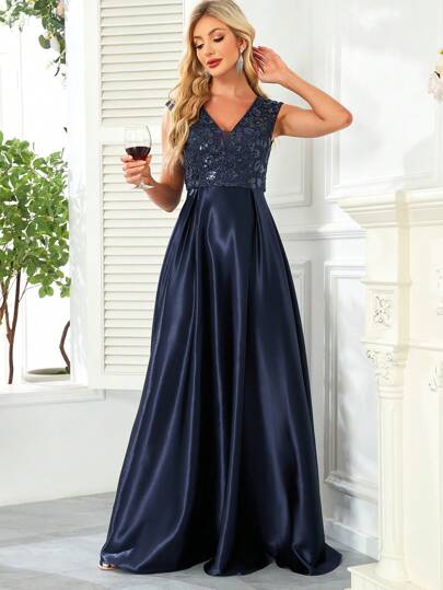 hezixi Vestido de cetim com lantejoulas e patchwork, decote em V, linha A, elegante, formal, festa à noite (trabalho pesado), vestido de baile, para convidados de casamento, formatura, jantar