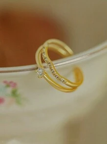 1 szt. Luksusowy regulowany pierścionek z cyrkonii sześciennej w kolorze złotym, 2-warstwowy, z elementem dekoracyjnym