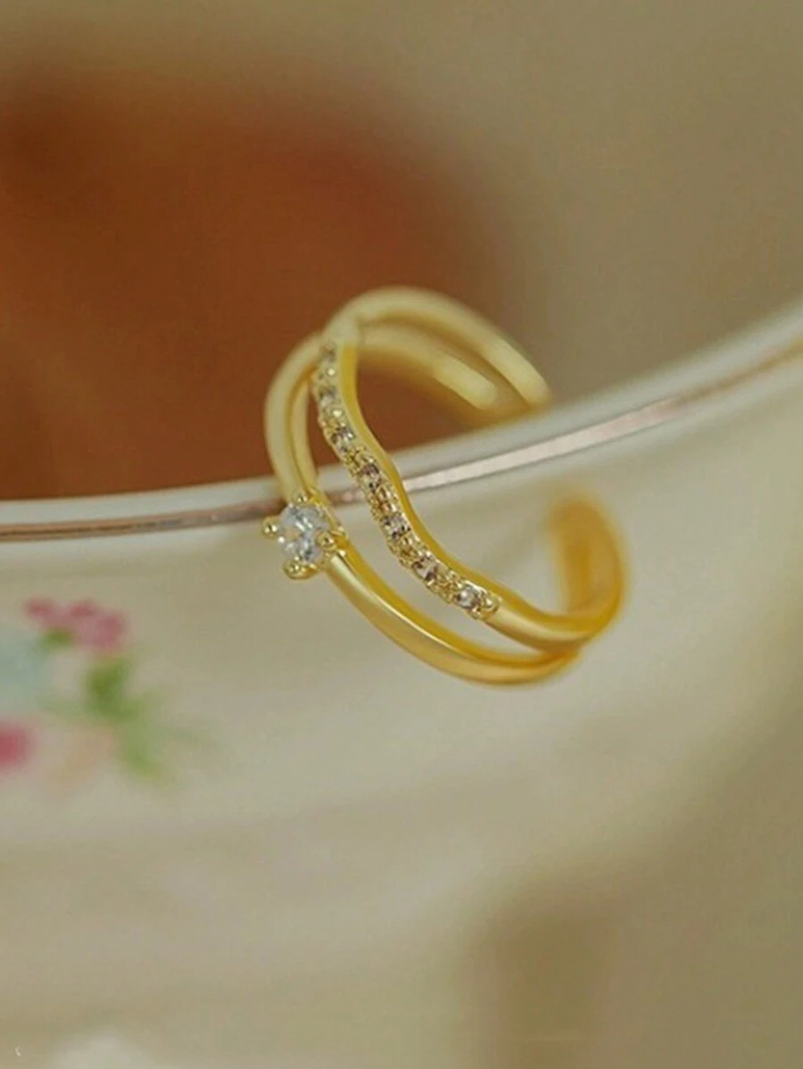 1 szt. Luksusowy regulowany pierścionek z cyrkonii sześciennej w kolorze złotym, 2-warstwowy, z elementem dekoracyjnym