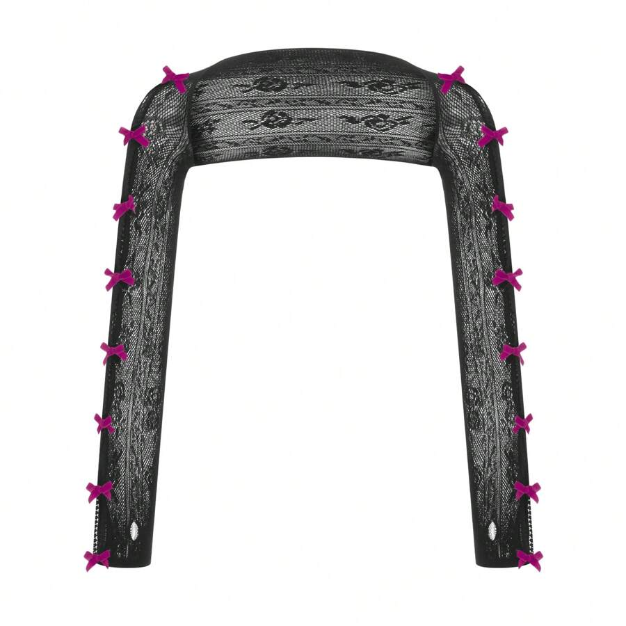 Women Lace Bolero Shrug Open Front Cropped Cardigan UV Sun Protection Fishnet Shawl Long Sleeve Arm Sleeves With Finger Holes Y2k Streetwear - Hoa hồng đen đỏ - Xem 1