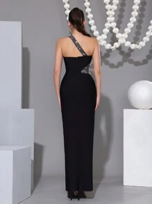 Modphy Sexy Asymmetrical Neck Hollow Out Sparkly Rhinestone Detail Cutout Waist Slit Bandage Dress, Elegant Formal Party Evening Gown, Wedding Guest Dress - Black - View 7