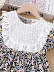 Young Girl Ditsy Floral Ruffle Collar Dress, Spring/Summer - Navy Blue - View 3