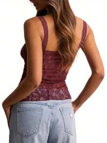Women Y2K Camisoles Lace See-Through Casual Tank Tops Summer Sleeveless Tops Streetwear - 酒紅色 - 查看 4