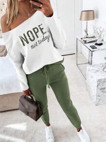 ChicMe 2 Pieces Letter Print Two Pieces Set Slash Neck Long Sleeve Pullover Shirt With Stretchy Waist Pants Athletic Casual Pants Set - Green - View 1