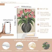 1pc Art Deco Bloemen Olieverfschilderij Op Canvas Gestreepte Vaas Ontwerp Van Tulpen, Houten Omlijste Muurkunst Decoratie Voor Thuis Kantoor Woonkamer Slaapkamer Herfst En Winter Thema, Interieur Portret Kunstdruk -Botanisch-Modern,Poster