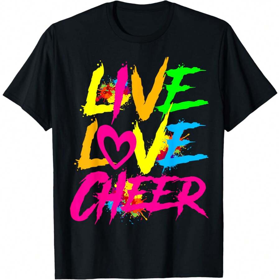 Happy Funny Live Love Cheer Cute Women Girls Cheerleader T-Shirt Oversized T-Shirt Women Tops Comfort Colots T-Shirts Graphic Casual T-Shirt Funny Short Sleeve Top Short Sleeve Cotton Crewneck T-Shirt
