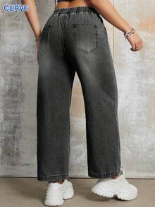 Plus Size Women Casual Loose Elastic Waist Straight Leg 7/8 Length Jeans - Black - View 2