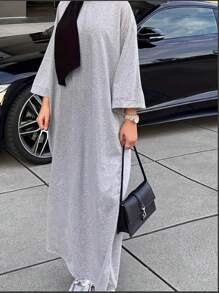 Vestido holgado de estilo árabe, de unicolor, cuello redondo, hombro caído, manga larga, informal y modesto, tipo kaftan para mujer