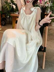 无袖系腰休闲夏季沙滩连衣裙，修身优雅 - 杏色 - 查看 6