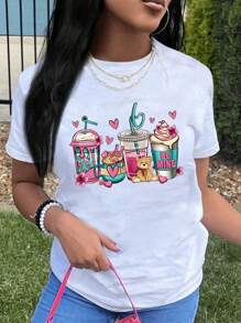 可爱四杯饮料印花宽松休闲圆领T恤，派对 - 白色 - 查看 1
