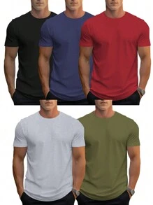 5pcs Men's Summer Basic Plain Short Sleeve T-Shirts, Regular Fit, Casual Sportswear Outdoor Lightweight Tops Tee