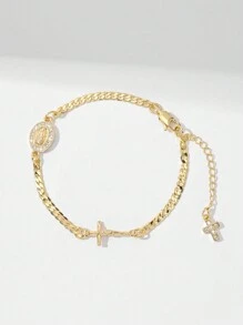 1pc Classic Zirconia Copper Chain Two-Tone Virgin Mary & Jesus Cross Charm Bracelet, Suitable Gift For Mother, Valentine, Couple, Sibling, Friend, Everyday & Festive Wearing & Praying