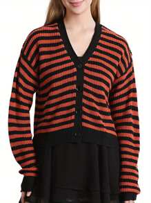Women Striped Cardigan, Long Sleeve V-Neck Button Closure Fall Casual Jacket Sweater - Orange - View 2
