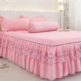 Set de 3 piezas de falda de cama (1 pieza de falda de cama + 2 piezas de fundas de almohada, sin relleno de almohada), juego de ropa de cama con falda de cama de unicolor y antideslizante, apto para dormitorio y habitación de invitados, lavable a máquina