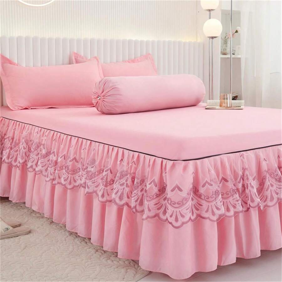3pcs Bed Skirt Set (1pc Bed Skirt + 2pcs Pillow Cases, Without Pillow Insert), Solid Color Bed Skirt Non-Slip Bedding Set, Suitable For Bedroom And Guest Room, Machine Washable - Light Pink - View 1