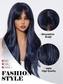 Multicolor Synthetic Wig With Bangs Black Mix Blue Long Natural Curly Wig For Women Daily Party Cosplay Wigs For Girls