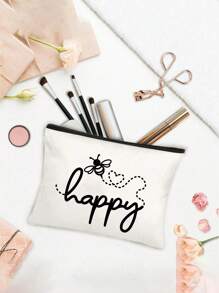 Make-uptas met opdruk van de letters "Happy" en een klein bijenpatroon - lichtgewicht en geurloze reistas van polyester, geschikt voor natuurliefhebbers en vrouwen, leuke multifunctionele canvas tas in cartoonstijl, perfect cadeau voor tieners, verjaardags- en reisaccessoires, vakantiecadeaus, boho-sfeer, voor strandvakanties, badkamercollectie, slaapkamercollectie, grote capaciteit