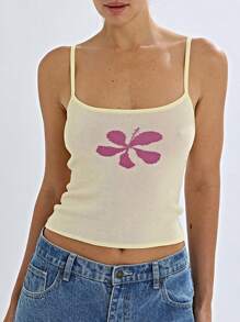 Women's Summer Slim Fit Vest Sleeveless Open Back Flower Print Knit Crop Tank Tops - Yellow - View 6