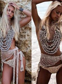 Women's Swimwear Triangle Wrap, Fishnet Solid Color Shells Swimsuit Skirt Bikini Cover-Up Shawl - White - View 3