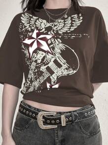Women's Vintage Y2K Guitar Print Round Neck Short Sleeve T-Shirt - Chocolate Brown - View 5