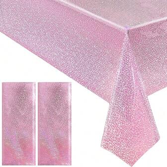 2pcs Pink Holographic Laser Tablecloth, Shimmer Lightweight Disposable Rectangle Tablecloths For Birthday Party, Wedding Anniversary, Bachelorette Party