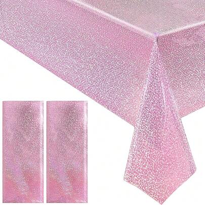 2pcs Pink Holographic Laser Tablecloth, Shimmer Lightweight Disposable Rectangle Tablecloths For Birthday Party, Wedding Anniversary, Bachelorette Party